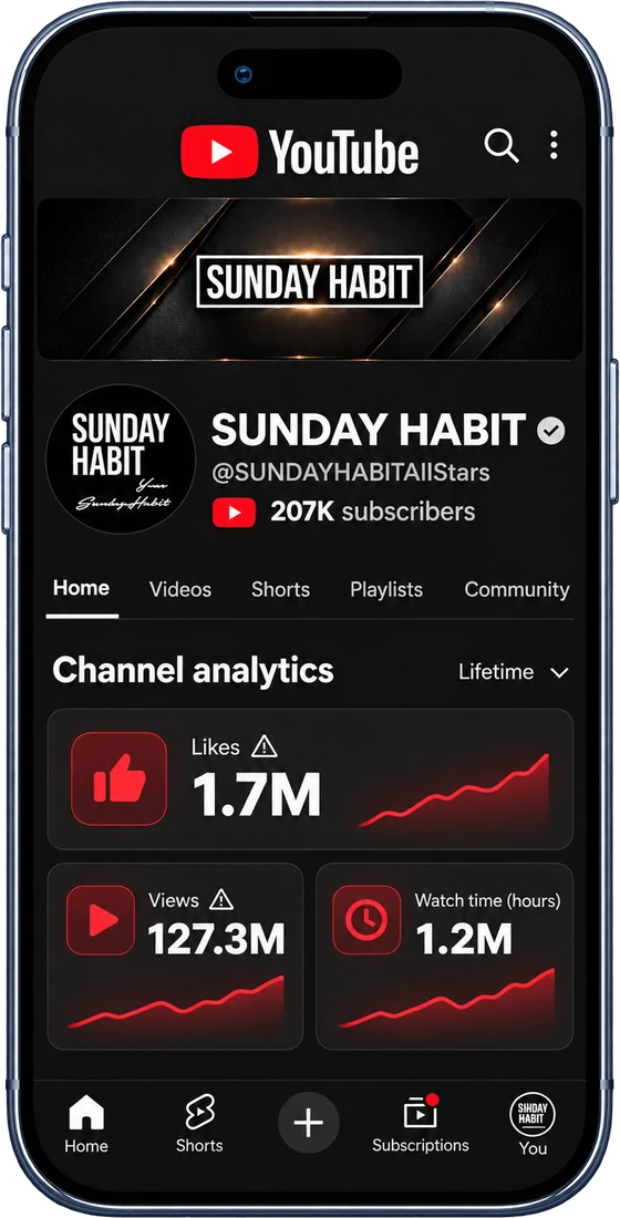 Sunday Habit on YouTube: 207K subscribers, 127.3M lifetime views, 1.2M hours watched